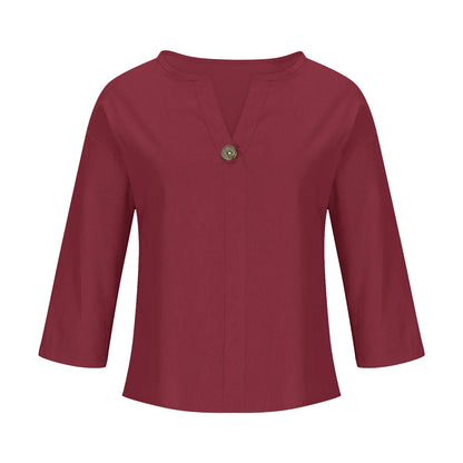 Women'S Fashion Summer V Neck Leisure Three-Quarter Sleeve Solid Summer Wine L