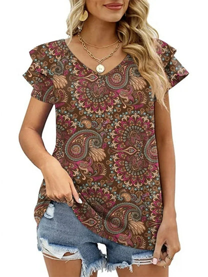 Womens Tops Summer Double Ruffle Short Sleeve V-Neck Casual Blouses, White Blue-3Xl(Us 24-26)
