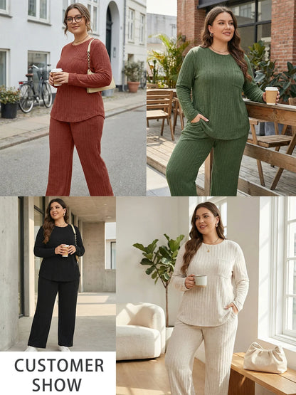 Womens plus Size Two Piece Lounge Sets Long Sleeve Wide Leg Pants Homewear Pajamas Set with Pocket (1X-5X)