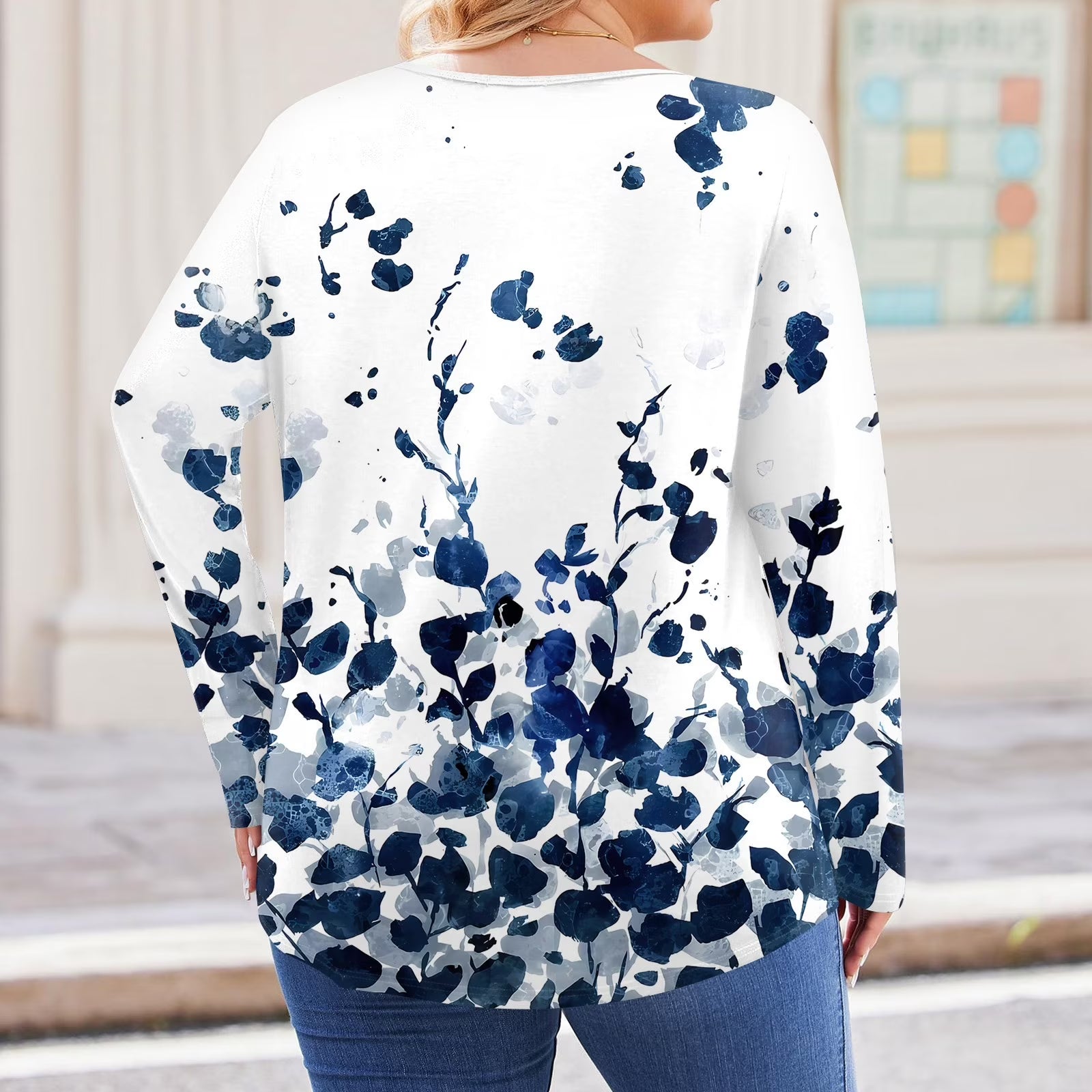 Womens plus Size Tops Flowy Fall V Neck Henley Tshirts Floral Print T-Shirt Long Sleeve Tee Shirt Tops Large Casual Tunics Blouses Blue 2XL