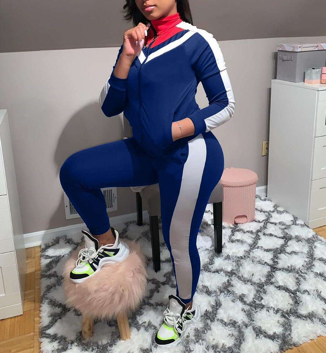 Women'S Jogging Sets 80S 90S Sweat Two Piece Track Color Block Outfit Suit Tracksuit Royalblue S