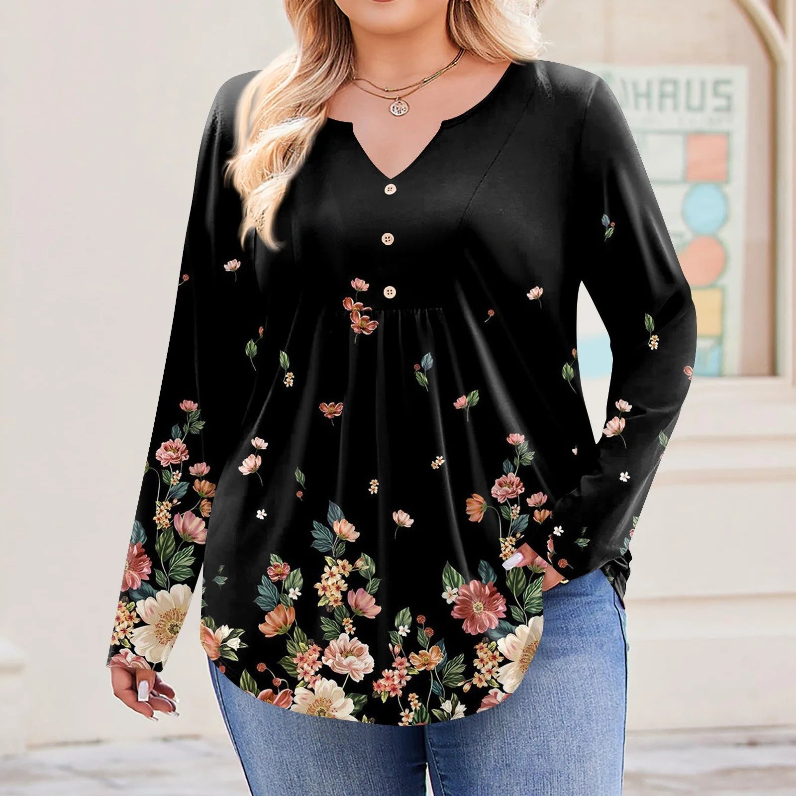 TQWQT plus Size T Shirts for Women Loose Flowy Tees Shirt V Neck Henley Long Sleeve Floral Graphic T-Shirt Fall Casual Tunics Blouses Multicolor 5XL