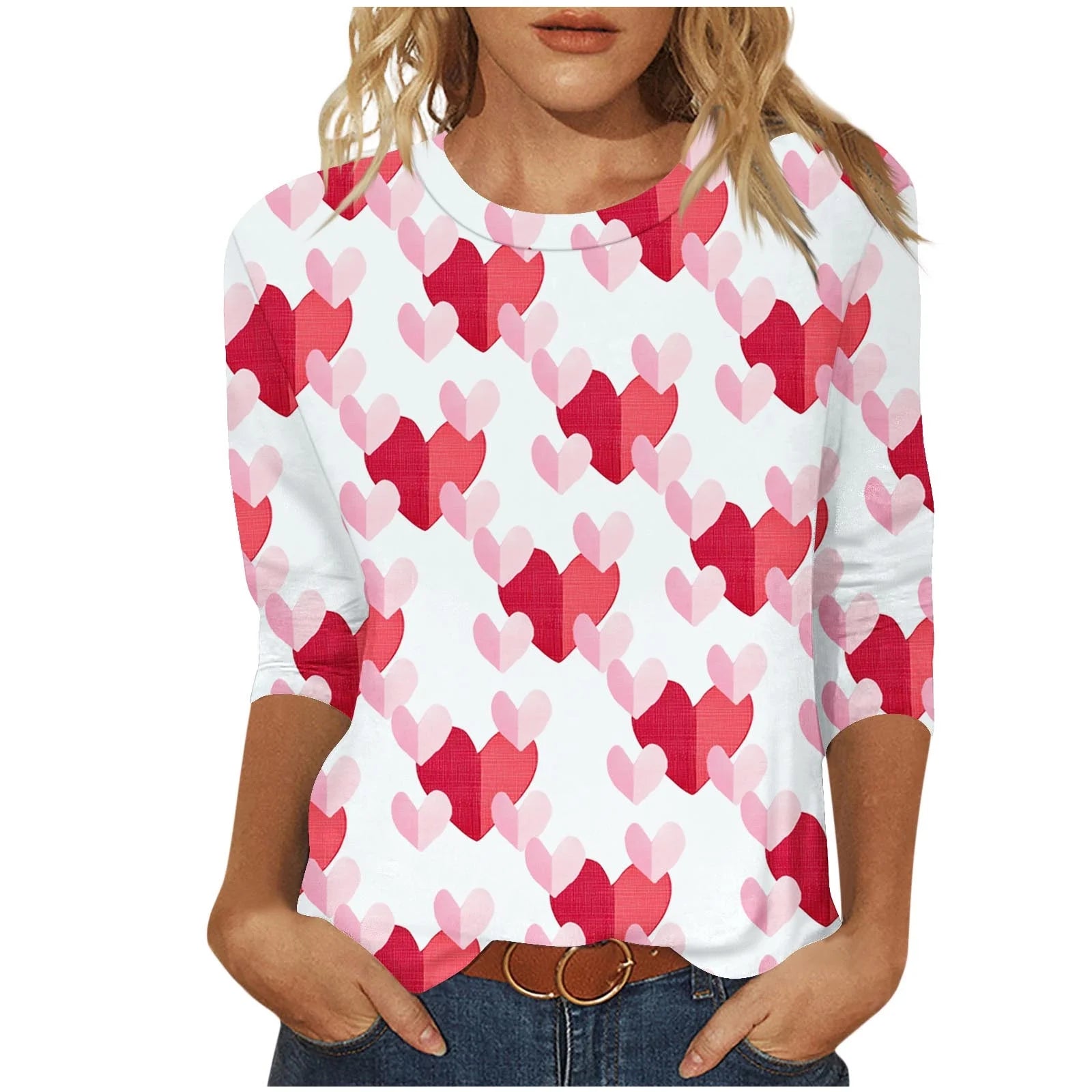 Womens Valentine T Shirts Romance 3/4 Sleeve T-Shirts Casual Crew Neck Sweethearts Print Gift for Girlfriend Tops