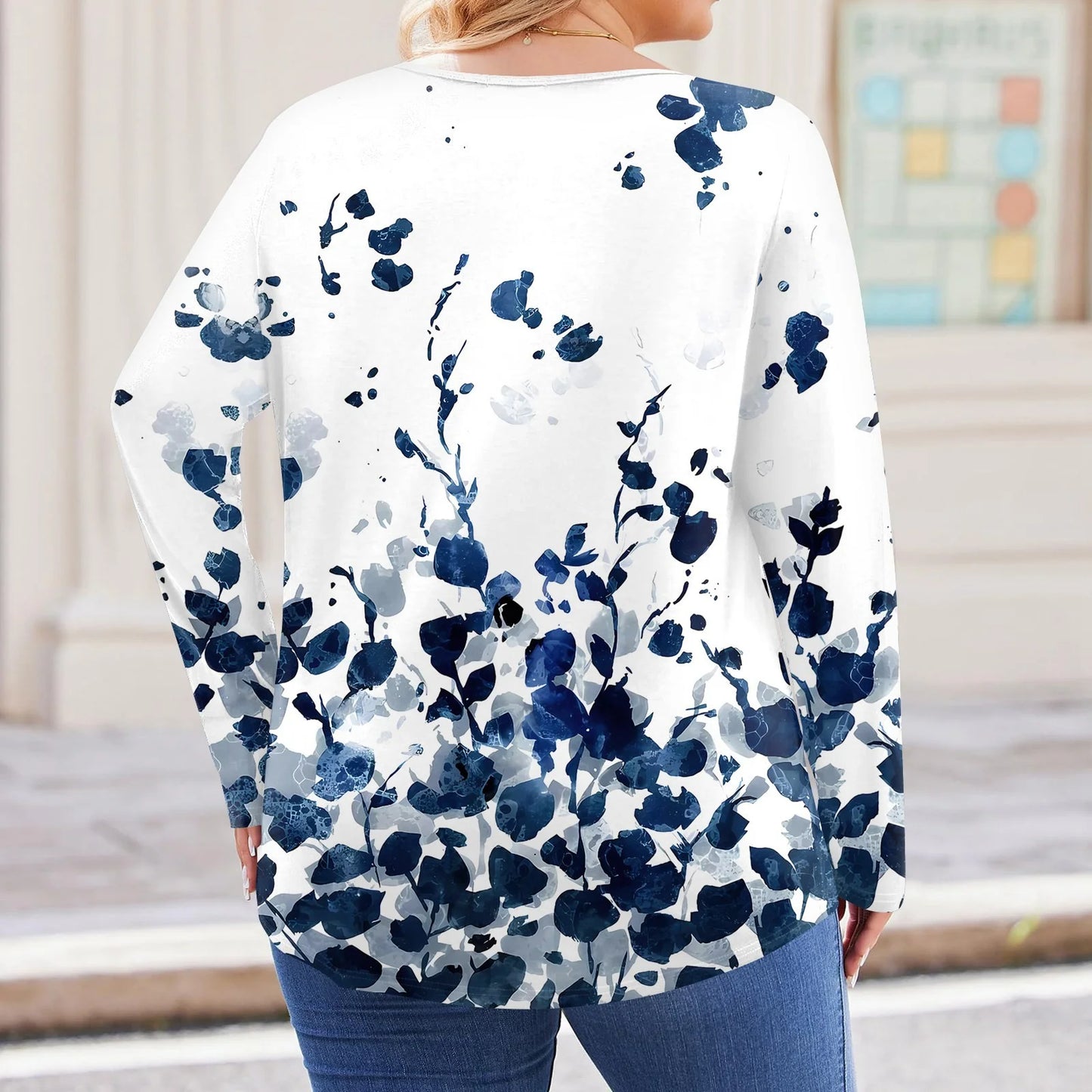 Womens plus Size Tops Flowy Fall V Neck Henley Tshirts Floral Print T-Shirt Long Sleeve Tee Shirt Tops Large Casual Tunics Blouses Blue 2XL