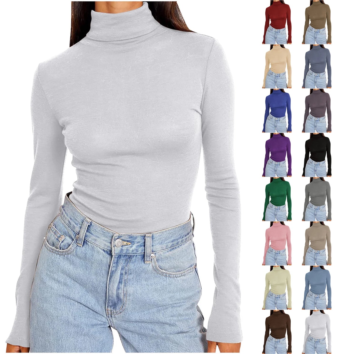 Womens Basic Turtleneck Long Sleeve Slim Fit Top Soft Stretchy Mock Neck Shirt Casual Layering Tee for Fall Winter White L
