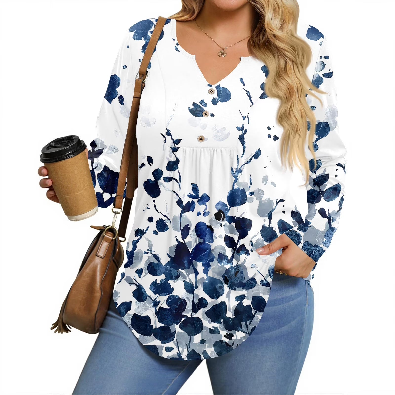 Womens plus Size Tops Flowy Fall V Neck Henley Tshirts Floral Print T-Shirt Long Sleeve Tee Shirt Tops Large Casual Tunics Blouses Blue 2XL