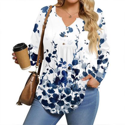 Womens plus Size Tops Flowy Fall V Neck Henley Tshirts Floral Print T-Shirt Long Sleeve Tee Shirt Tops Large Casual Tunics Blouses Blue 2XL