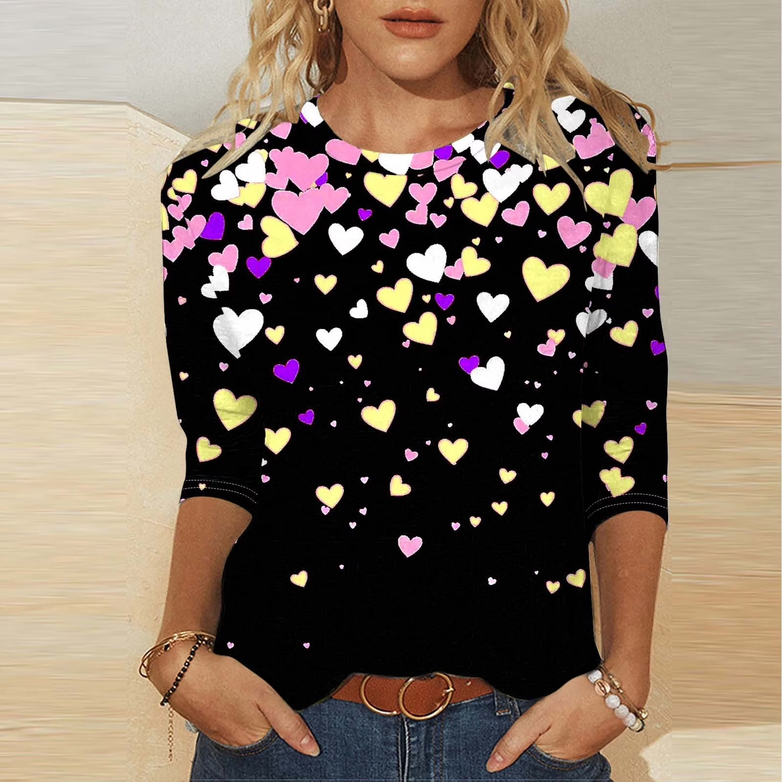 Womens T Shirts Romantic Three-Quarter Sleeve Tops Casual round Neck Sweet Graphic Gift for Lovers Tops
