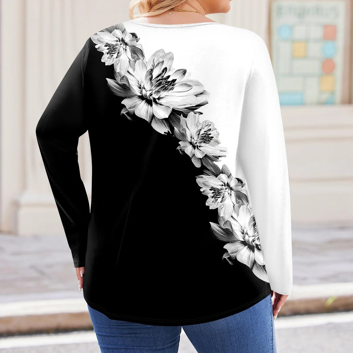 Womens plus Size Tops Dressy Fall Cute Shirts Long Sleeve Henley V Neck Floral Graphic T-Shirt 4X-5X Casual Tunics Blouses Gray XL