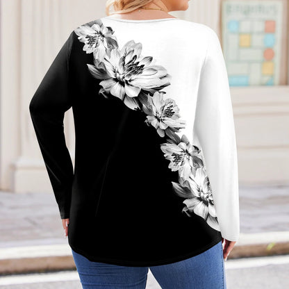 Womens plus Size Tops Dressy Fall Cute Shirts Long Sleeve Henley V Neck Floral Graphic T-Shirt 4X-5X Casual Tunics Blouses Gray XL