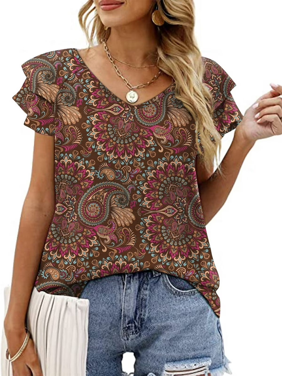 Womens Tops Summer Double Ruffle Short Sleeve V-Neck Casual Blouses, White Blue-3Xl(Us 24-26)
