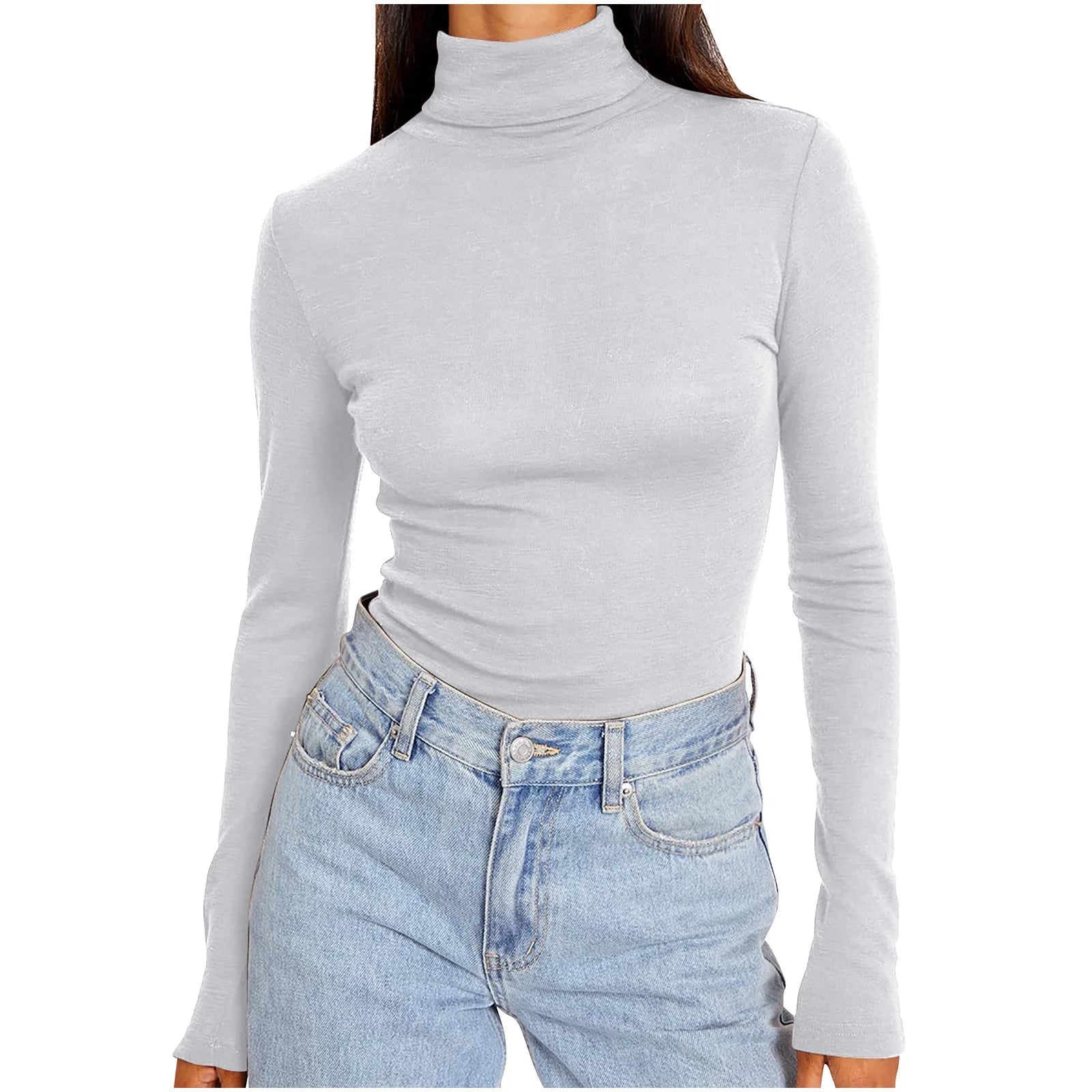 Womens Basic Turtleneck Long Sleeve Slim Fit Top Soft Stretchy Mock Neck Shirt Casual Layering Tee for Fall Winter White L