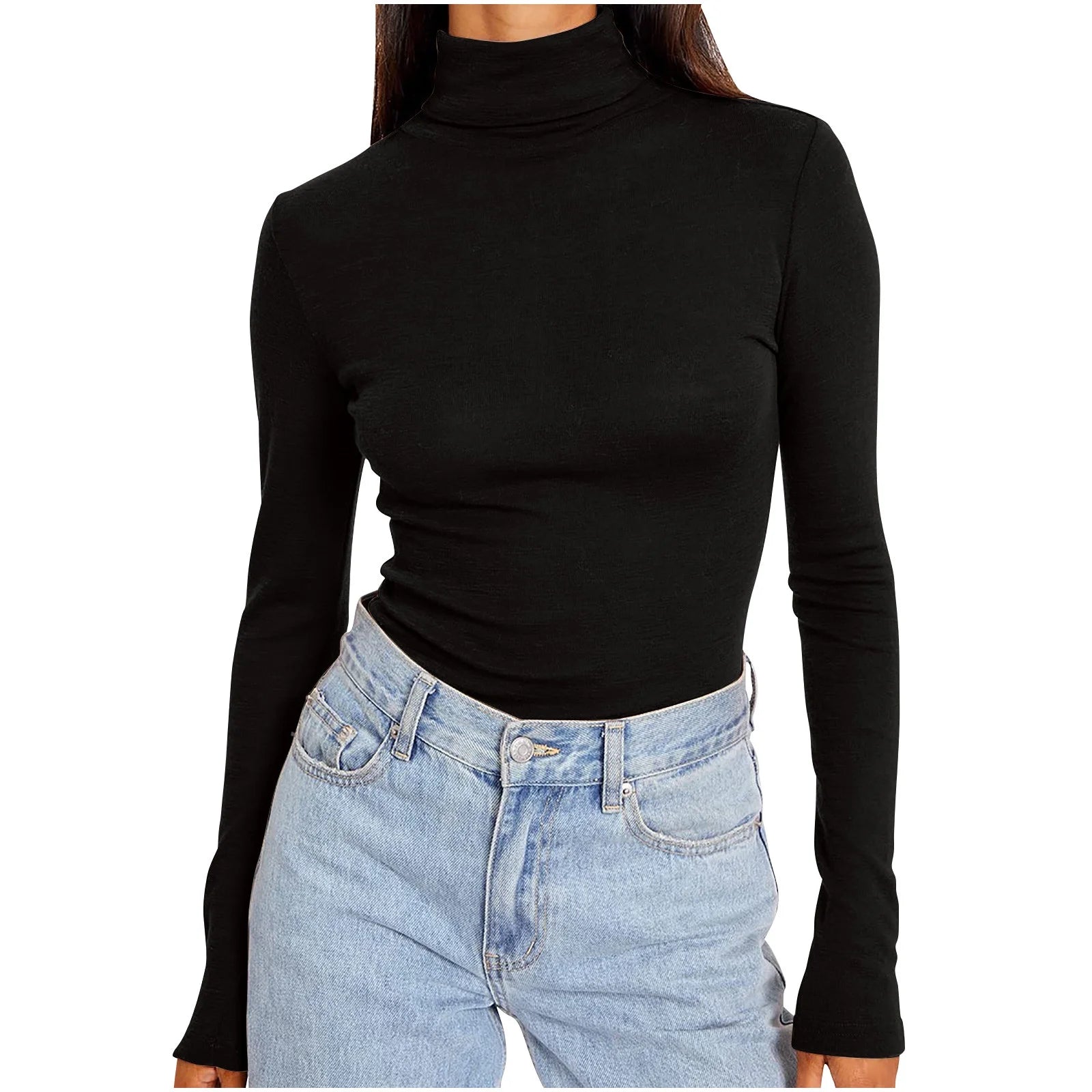 Womens Basic Turtleneck Long Sleeve Slim Fit Top Soft Stretchy Mock Neck Shirt Casual Layering Tee for Fall Winter Black XXXXL
