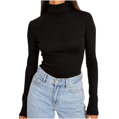 Womens Basic Turtleneck Long Sleeve Slim Fit Top Soft Stretchy Mock Neck Shirt Casual Layering Tee for Fall Winter Black XXXXL