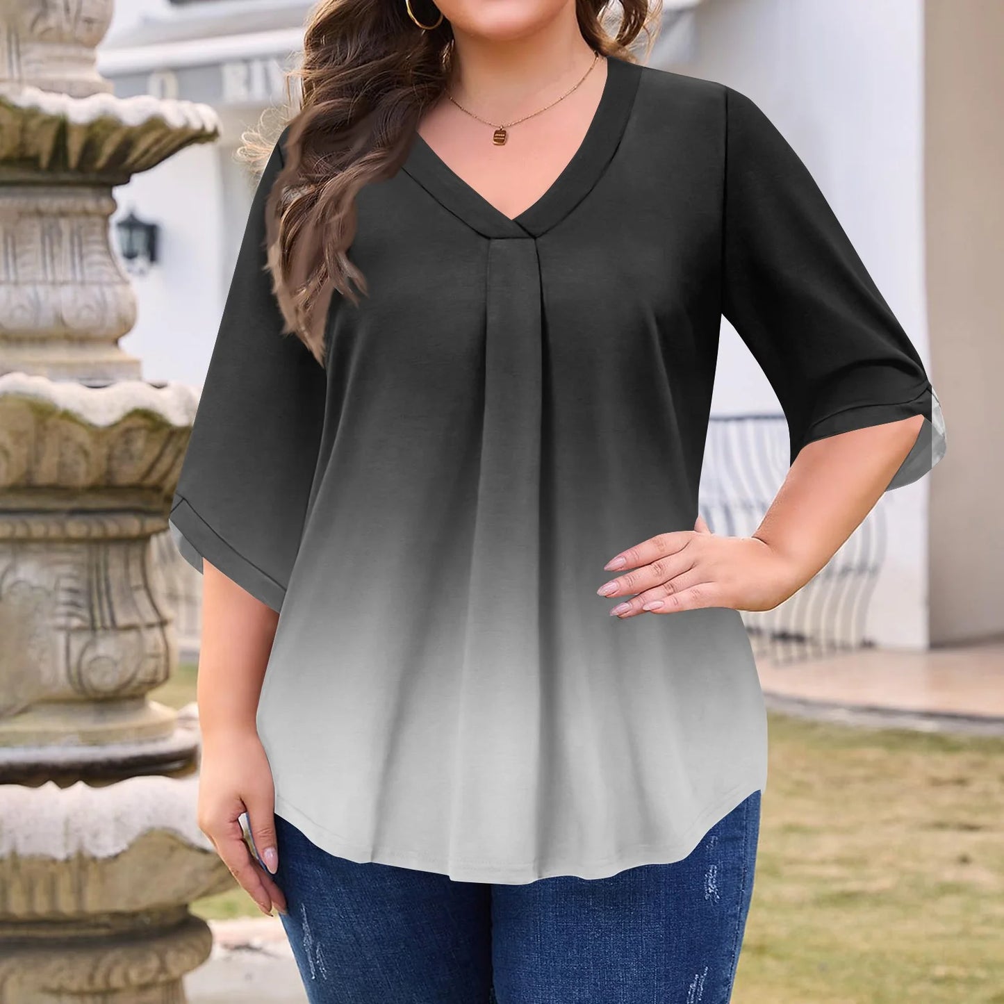 plus Size T Shirts for Women Loose Fit Sexy Tees Shirt 3/4 Sleeve V Neck Gradient Print Blouses 4X-5X Tunics Blouses 3Xl,Black