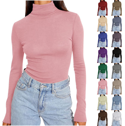Womens Basic Turtleneck Long Sleeve Slim Fit Top Soft Stretchy Mock Neck Shirt Casual Layering Tee for Fall Winter Pink XXXL