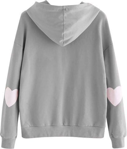 Hoodies for Women Fashion Drawstring Heart Print Pullover Sweatshirts Long Sleeve Fall Tops Sweaters Blouses