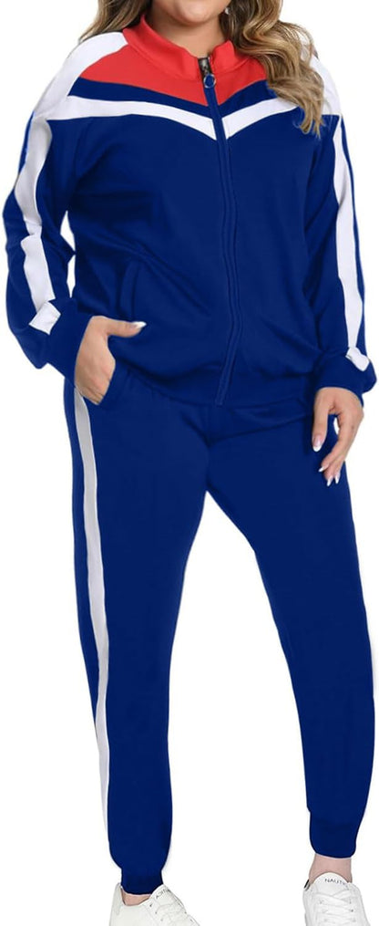 Women'S Jogging Sets 80S 90S Sweat Two Piece Track Color Block Outfit Suit Tracksuit Royalblue S