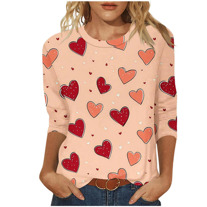 Valentines Day plus Size Womens Clothing Romance 3/4 Sleeve T-Shirts Casual Crew Neck Heart Print Gift for Girlfriend Tops