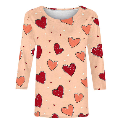 Valentines Day plus Size Womens Clothing Romance 3/4 Sleeve T-Shirts Casual Crew Neck Heart Print Gift for Girlfriend Tops
