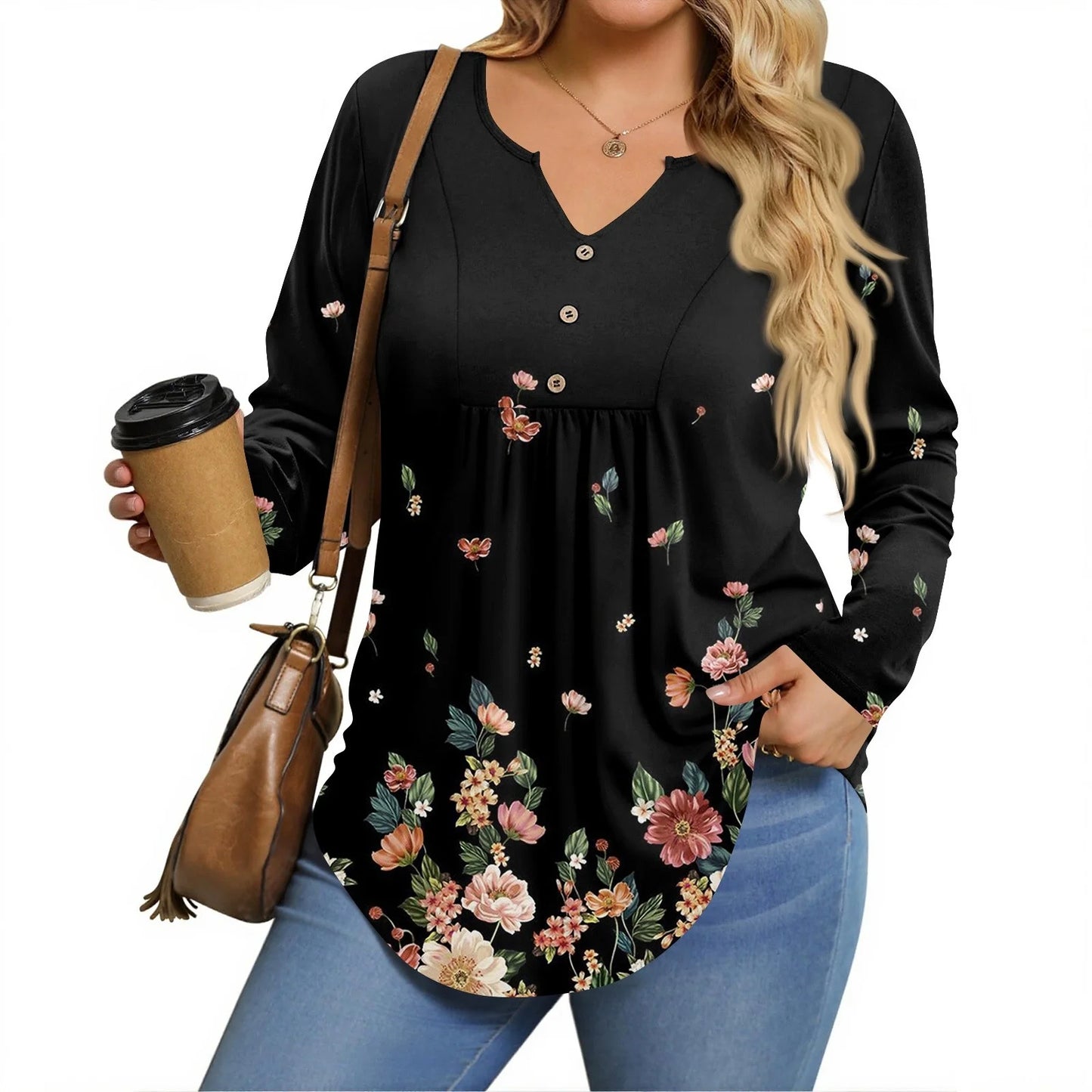 plus Size Tops for Women Loose Fall Going Out Shirts V Neck Henley Long Sleeve Floral Graphic T-Shirt 4X-5X Casual Trendy Tunics Multicolor 3XL