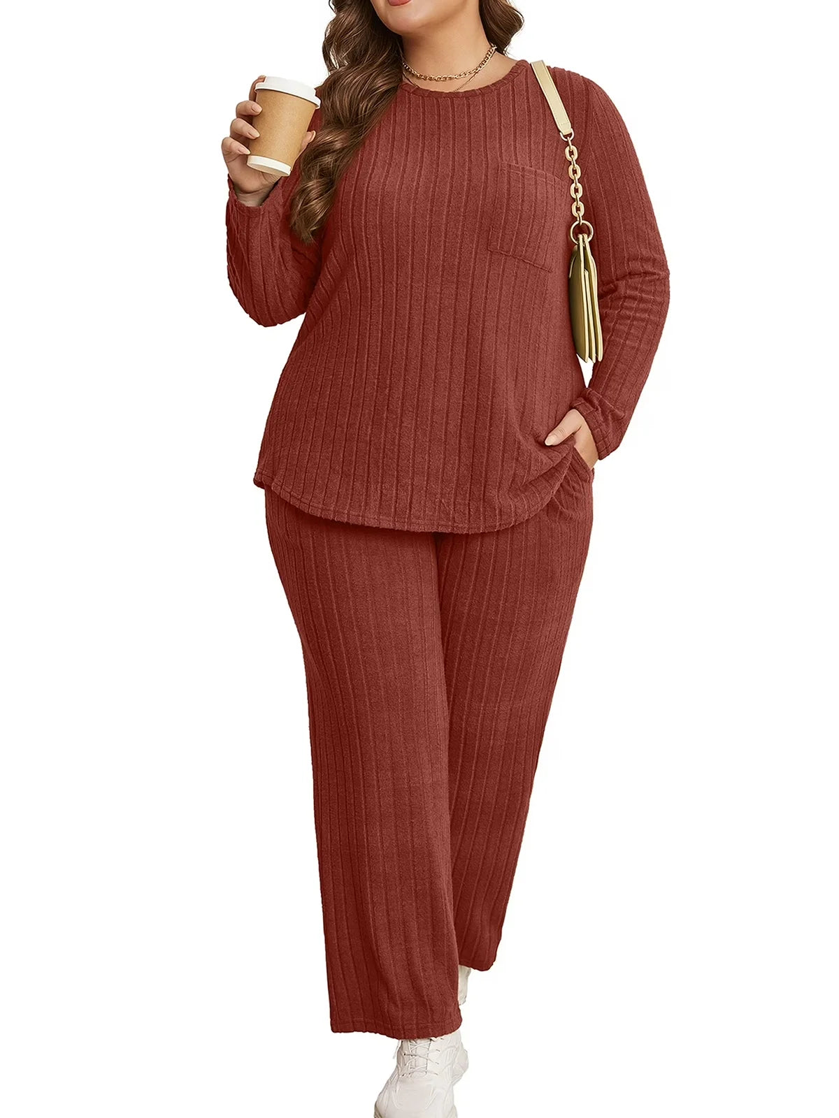 Womens plus Size Two Piece Lounge Sets Long Sleeve Wide Leg Pants Homewear Pajamas Set with Pocket (1X-5X)