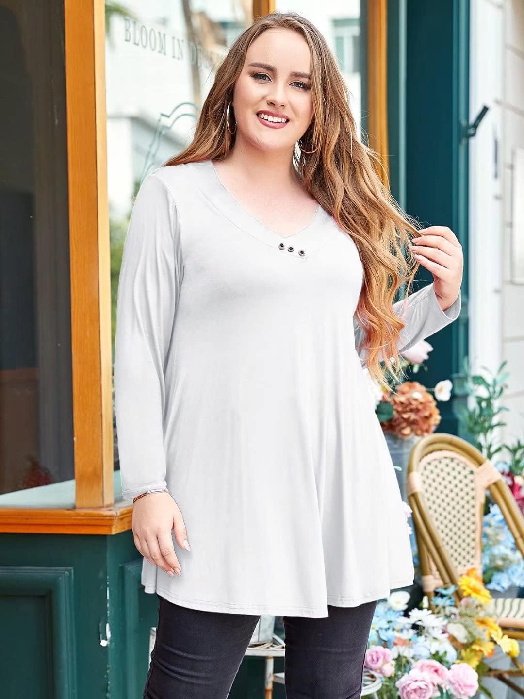 Women plus Size Tunic Tops Long Sleeve V Neck Blouse Loose Swing Basic Flowy T Shirt for Leggings