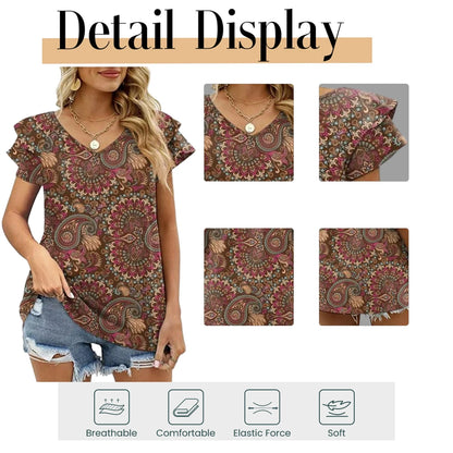 Womens Tops Summer Double Ruffle Short Sleeve V-Neck Casual Blouses, White Blue-3Xl(Us 24-26)