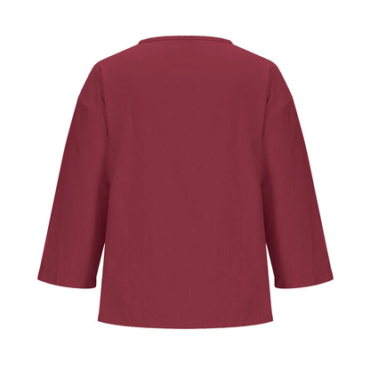 Women'S Fashion Summer V Neck Leisure Three-Quarter Sleeve Solid Summer Wine L