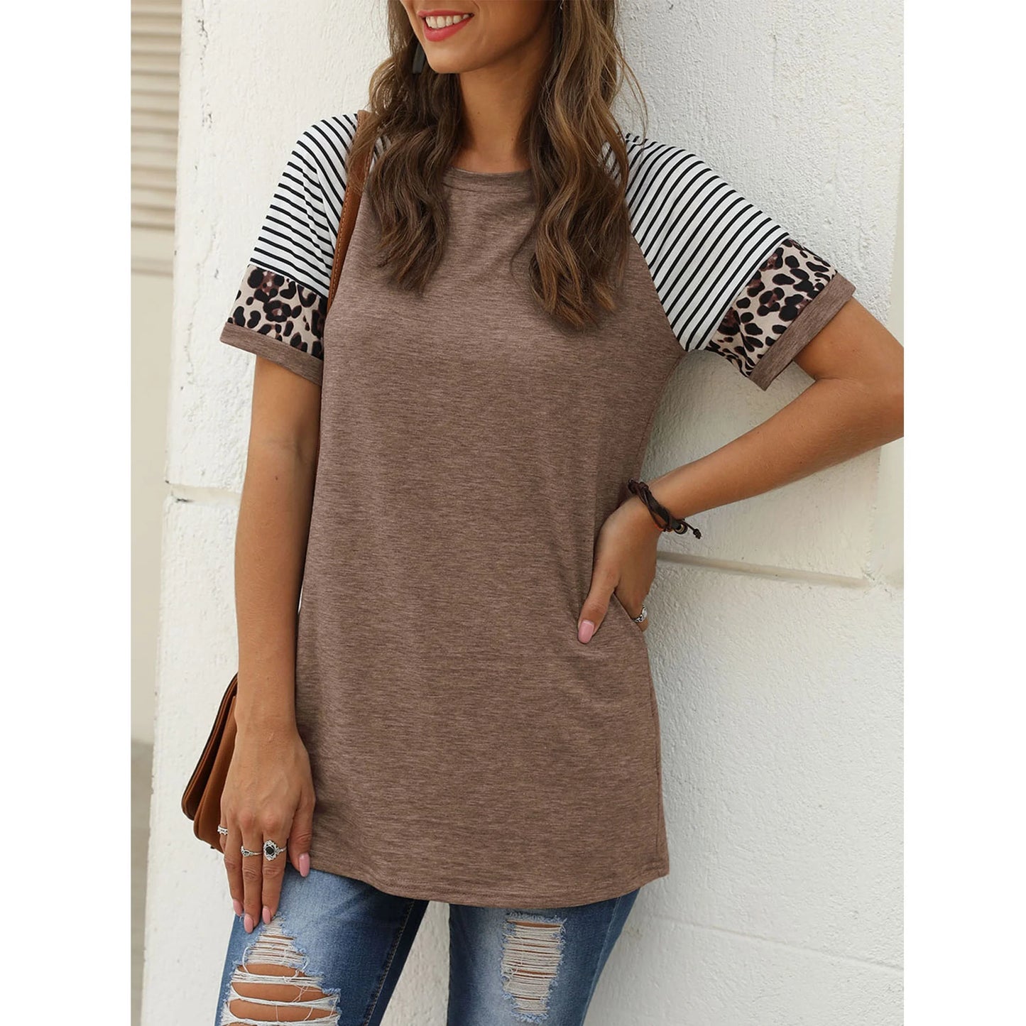 Womens T Shirts Short Sleeve Striped Summer Tops for Women Color Block Leopard Print Tunic Shirts Casual Comfy Tops Khaki