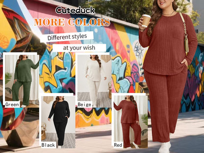 Womens plus Size Two Piece Lounge Sets Long Sleeve Wide Leg Pants Homewear Pajamas Set with Pocket (1X-5X)