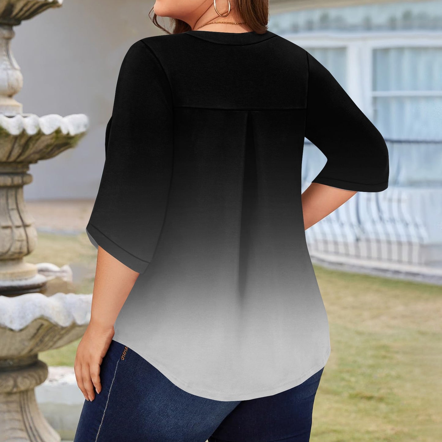plus Size T Shirts for Women Loose Fit Sexy Tees Shirt 3/4 Sleeve V Neck Gradient Print Blouses 4X-5X Tunics Blouses 3Xl,Black