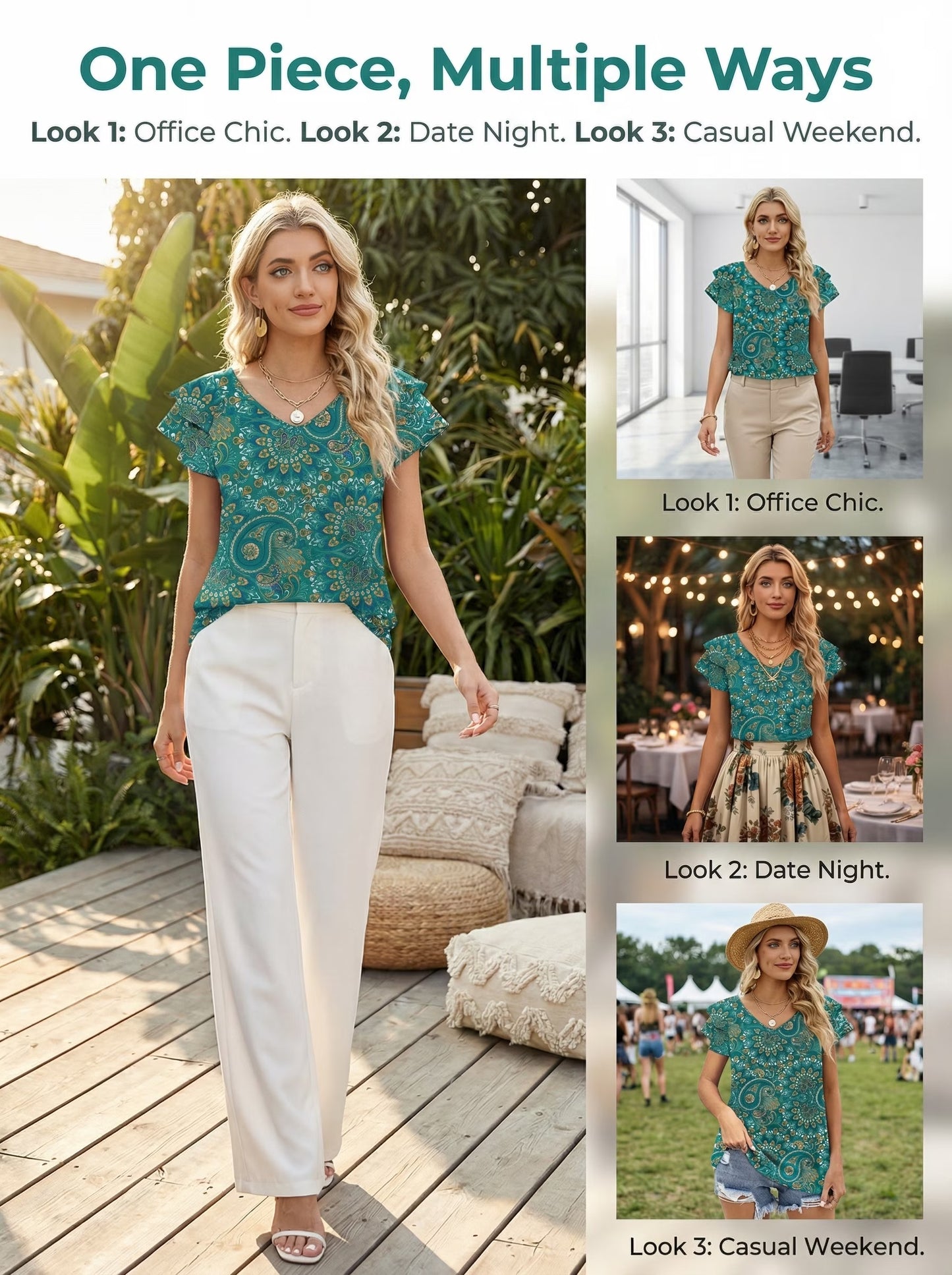 Womens Tops Summer Double Ruffle Short Sleeve V-Neck Casual Blouses, White Blue-3Xl(Us 24-26)