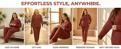 Womens plus Size Two Piece Lounge Sets Long Sleeve Wide Leg Pants Homewear Pajamas Set with Pocket (1X-5X)