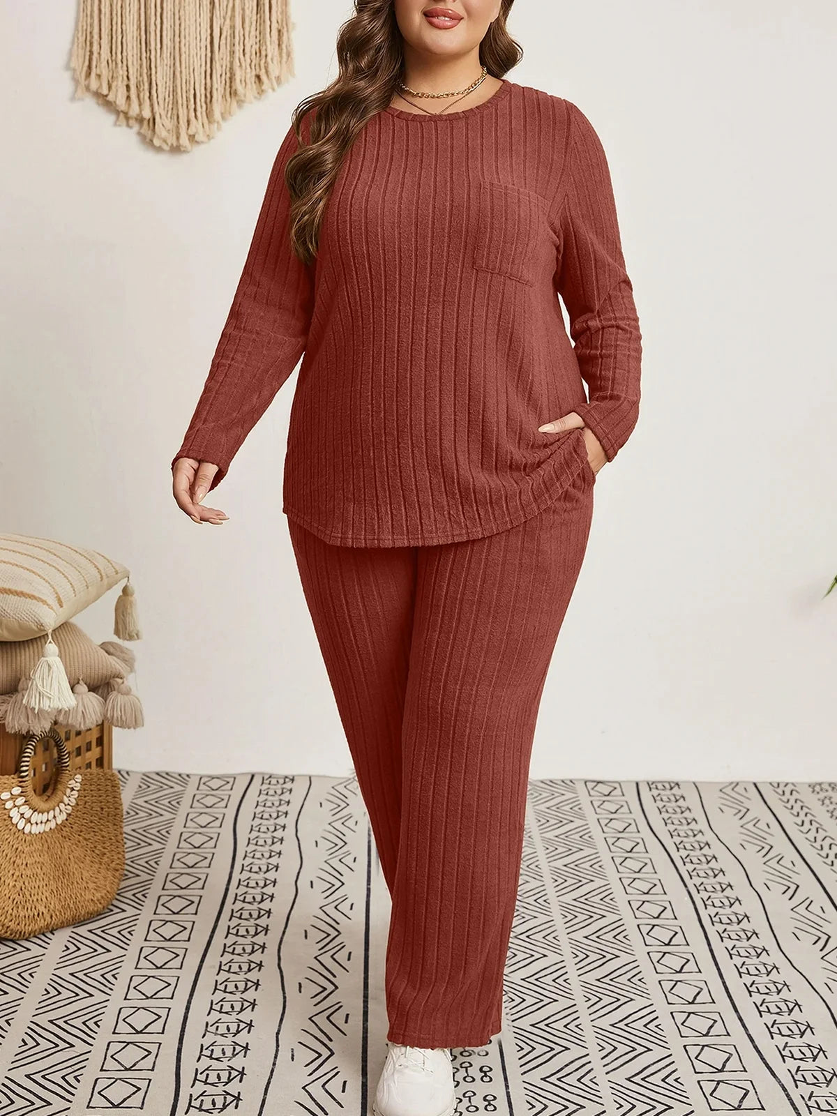 Womens plus Size Two Piece Lounge Sets Long Sleeve Wide Leg Pants Homewear Pajamas Set with Pocket (1X-5X)