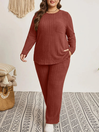 Womens plus Size Two Piece Lounge Sets Long Sleeve Wide Leg Pants Homewear Pajamas Set with Pocket (1X-5X)