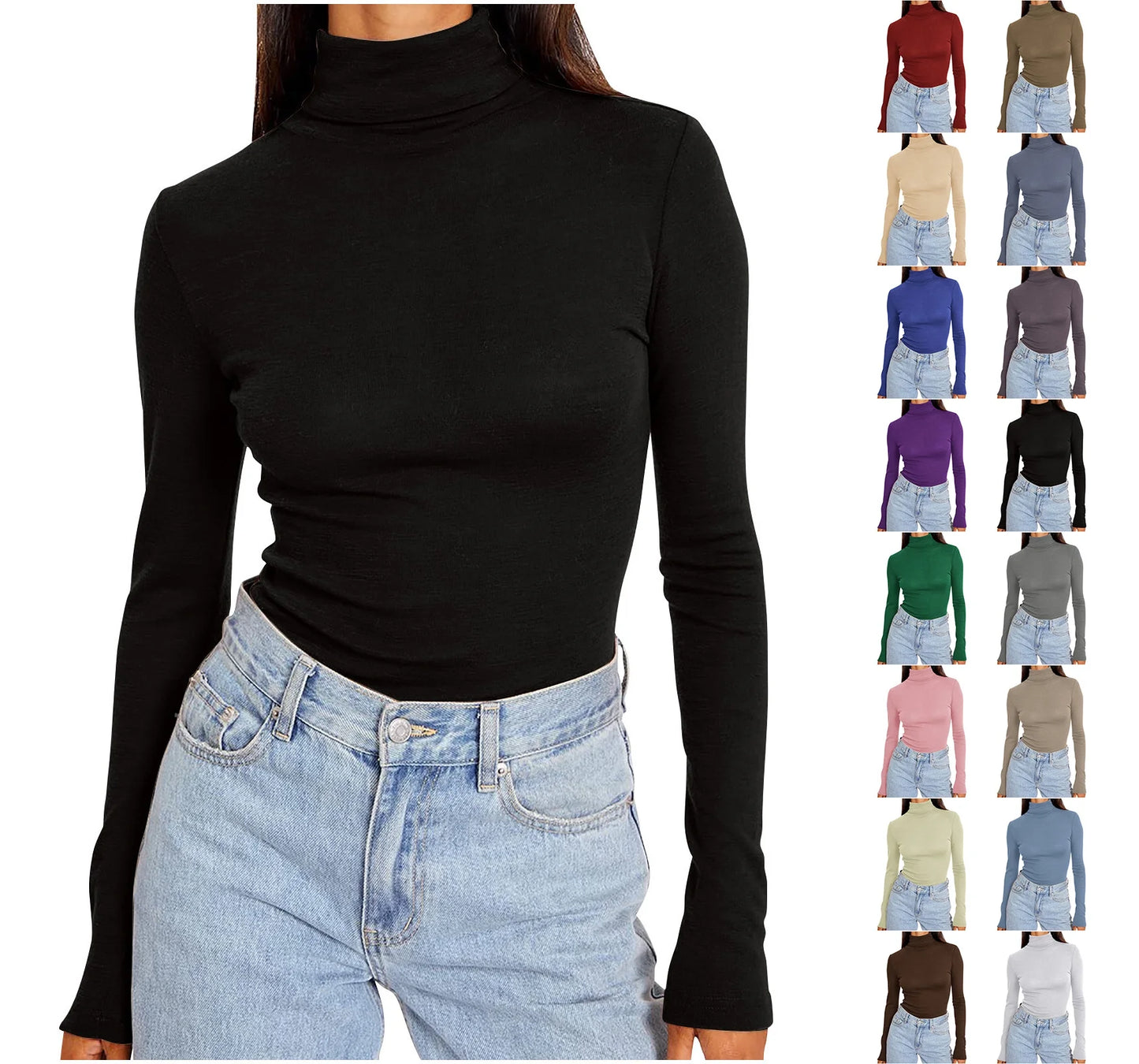 Womens Basic Turtleneck Long Sleeve Slim Fit Top Soft Stretchy Mock Neck Shirt Casual Layering Tee for Fall Winter Black XXXXL