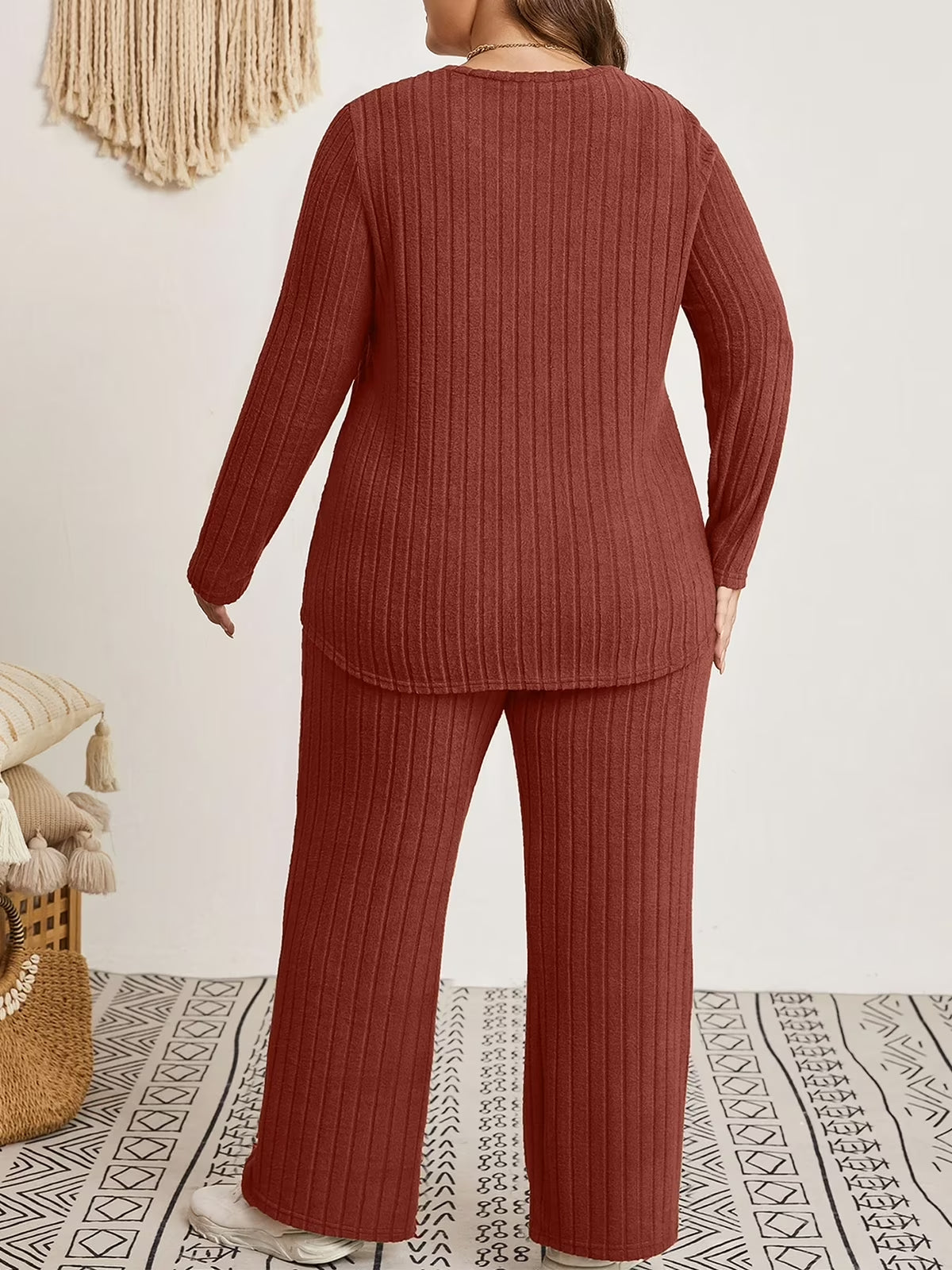 Womens plus Size Two Piece Lounge Sets Long Sleeve Wide Leg Pants Homewear Pajamas Set with Pocket (1X-5X)