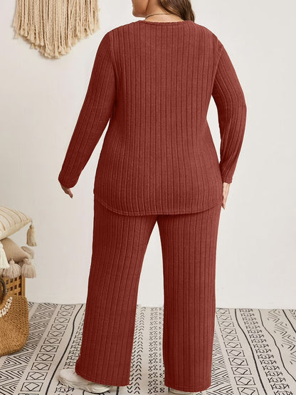 Womens plus Size Two Piece Lounge Sets Long Sleeve Wide Leg Pants Homewear Pajamas Set with Pocket (1X-5X)