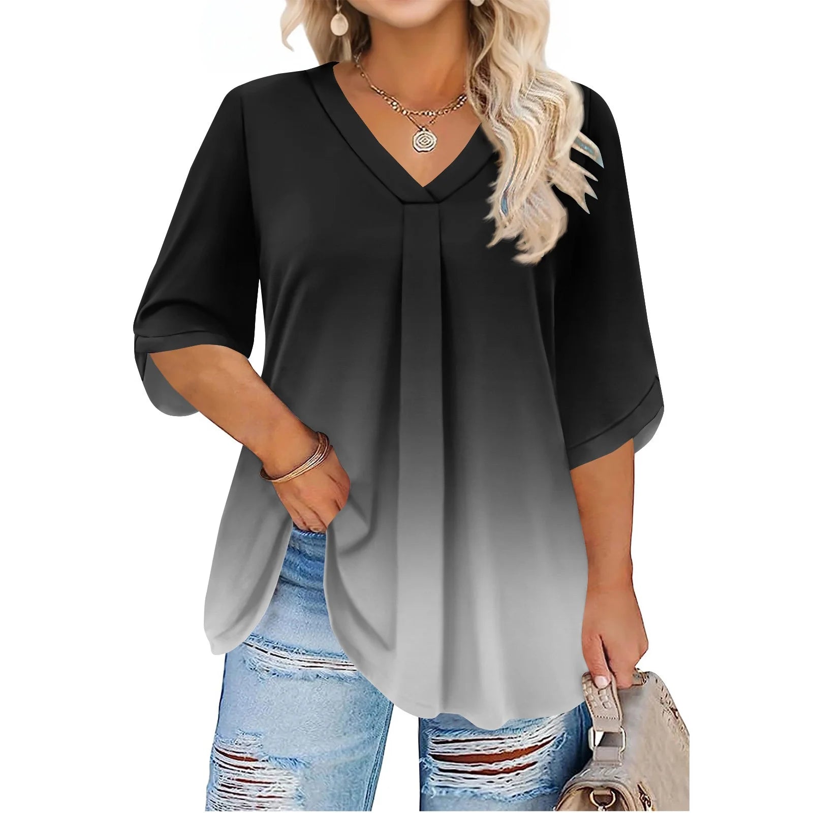 plus Size T Shirts for Women Loose Fit Sexy Tees Shirt 3/4 Sleeve V Neck Gradient Print Blouses 4X-5X Tunics Blouses 3Xl,Black