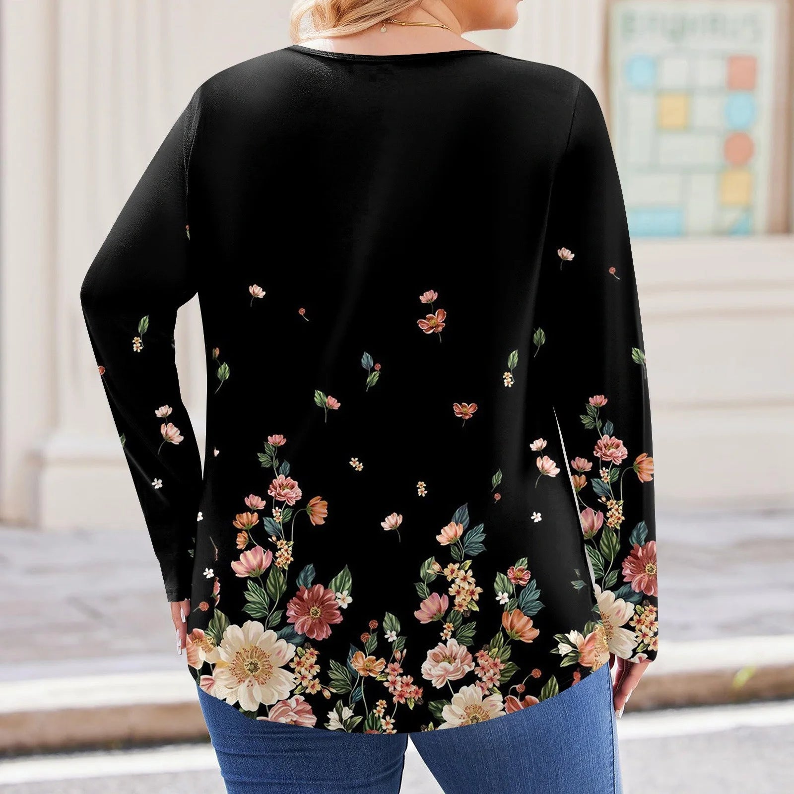 TQWQT plus Size T Shirts for Women Loose Flowy Tees Shirt V Neck Henley Long Sleeve Floral Graphic T-Shirt Fall Casual Tunics Blouses Multicolor 5XL
