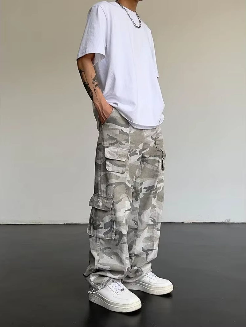 Men'S Cargo Pants Camo Camouflage Male Trousers Straight Multi Pocket Multipockets Hip Hop Street Designer with Trend Popular