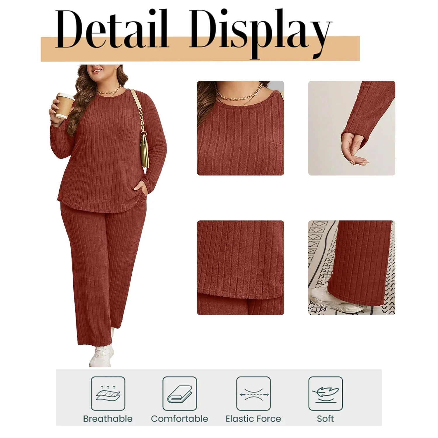 Womens plus Size Two Piece Lounge Sets Long Sleeve Wide Leg Pants Homewear Pajamas Set with Pocket (1X-5X)