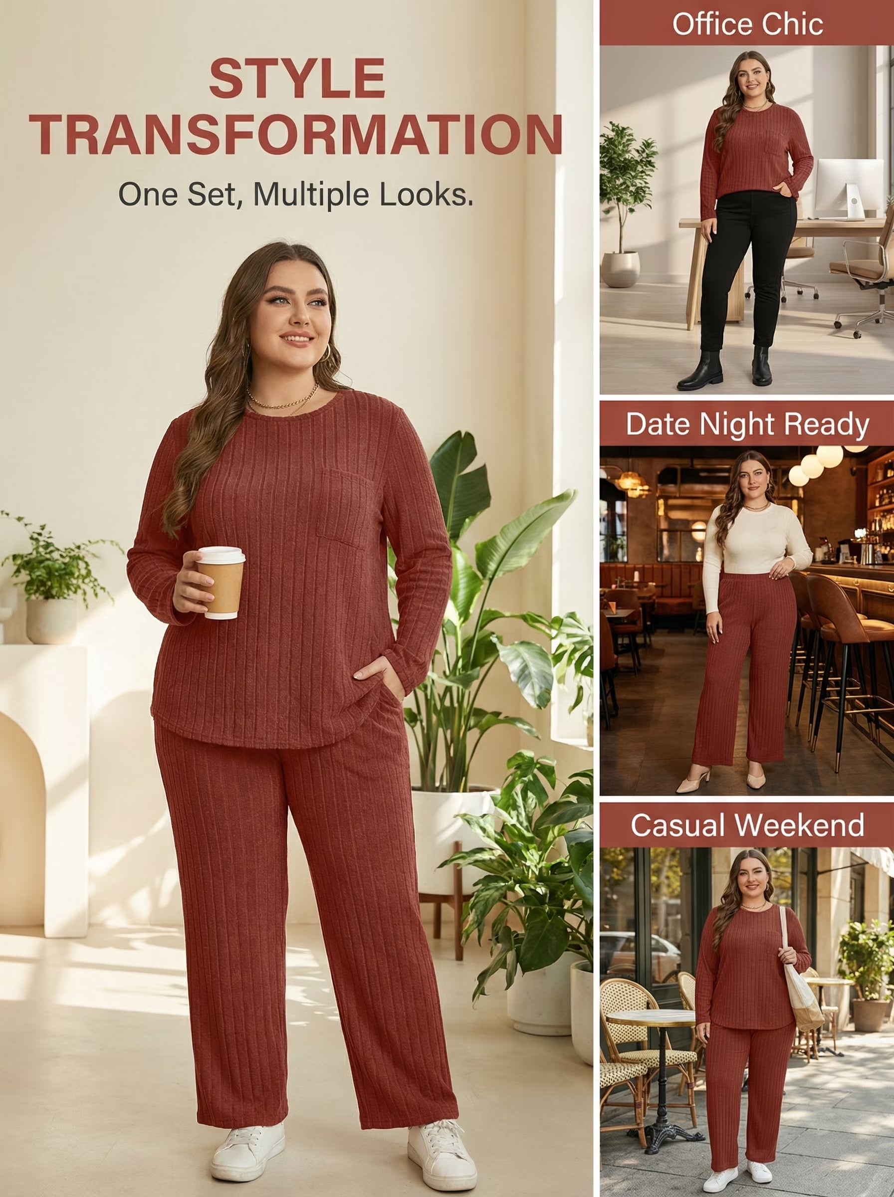 Womens plus Size Two Piece Lounge Sets Long Sleeve Wide Leg Pants Homewear Pajamas Set with Pocket (1X-5X)