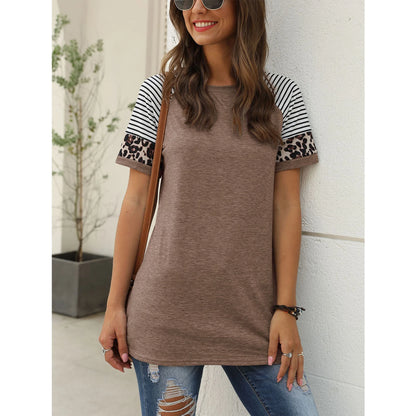Womens T Shirts Short Sleeve Striped Summer Tops for Women Color Block Leopard Print Tunic Shirts Casual Comfy Tops Khaki