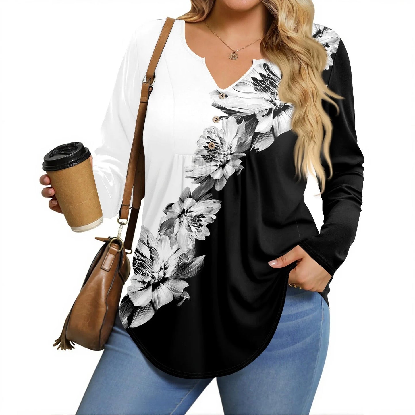 Womens plus Size Tops Dressy Fall Cute Shirts Long Sleeve Henley V Neck Floral Graphic T-Shirt 4X-5X Casual Tunics Blouses Gray XL