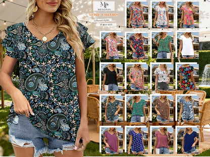Womens Tops Summer Double Ruffle Short Sleeve V-Neck Casual Blouses, White Blue-3Xl(Us 24-26)