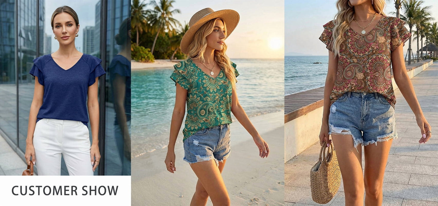Womens Tops Summer Double Ruffle Short Sleeve V-Neck Casual Blouses, White Blue-3Xl(Us 24-26)