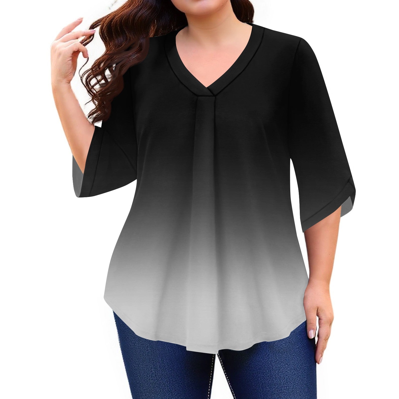 plus Size T Shirts for Women Loose Fit Sexy Tees Shirt 3/4 Sleeve V Neck Gradient Print Blouses 4X-5X Tunics Blouses 3Xl,Black
