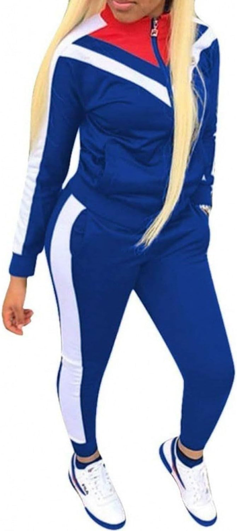 Women'S Jogging Sets 80S 90S Sweat Two Piece Track Color Block Outfit Suit Tracksuit Royalblue S